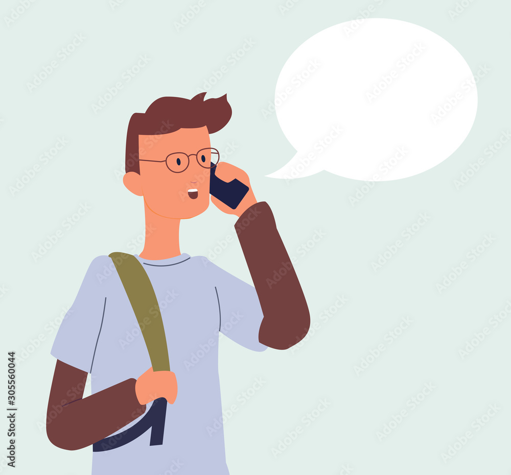 Young man speaking using his mobile phone with a speech bubble. Cartoon character design. Flat vector illustration eps 10 Young man speaking using his mobile phone with a speech bubble. Cartoon character design. Flat vector illustration eps 10
