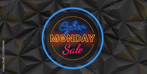 Cyber Monday sale illuminated text on black geometric triangular background
