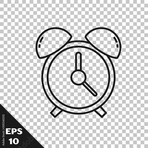 Black line Alarm clock icon isolated on transparent background. Wake up, get up concept. Time sign. Vector Illustration