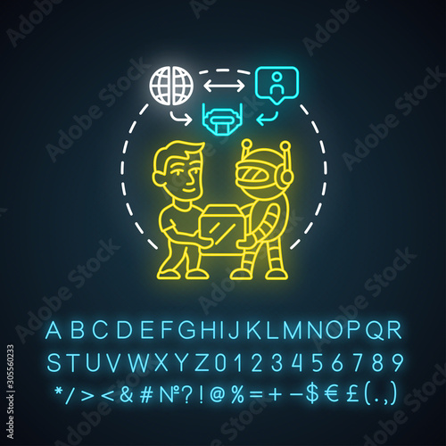 Future with robots neon light concept icon. Robotics in society idea. Interaction with innovative technologies. Contemporary delivery. Glowing sign with alphabet. Vector isolated illustration