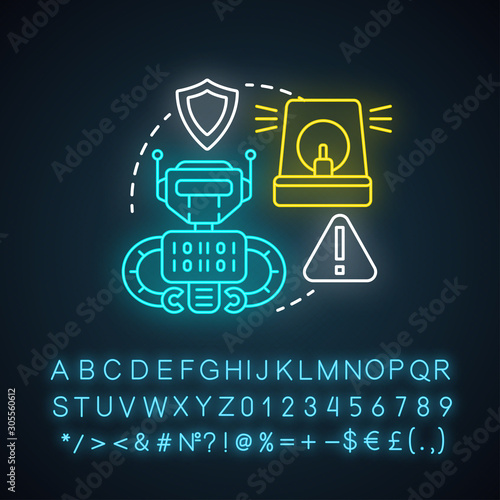 Security robotics neon light concept icon. Safety technology idea. Types of robots, classification. Computer machine guarding, protecting. Glowing sign with alphabet. Vector isolated illustration
