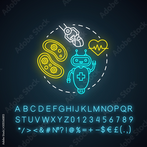 Medical robotics neon light concept icon. Health care computer machines idea. Innovative hospital system. Glowing sign with alphabet, numbers and symbols. Vector isolated illustration