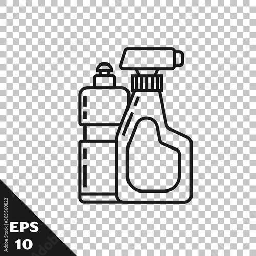 Black line Plastic bottles for liquid laundry detergent, bleach, dishwashing liquid or another cleaning agent icon isolated on transparent background. Vector Illustration