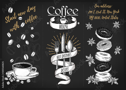 Restaurant menu design. Coffee restaurant brochure vector, coffee shop menu design.