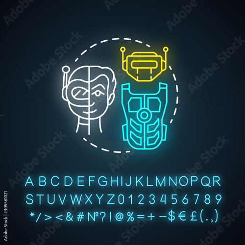 Battle robotics neon light concept icon. Transformers idea. Types of robots, classification. Computer machine combat, fighting. Glowing sign with alphabet, numbers. Vector isolated illustration