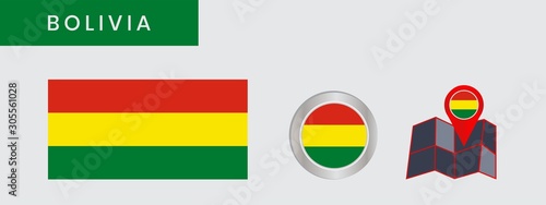 The Bolivian flag is horizontally isolated in official colors, map pins, like the original
