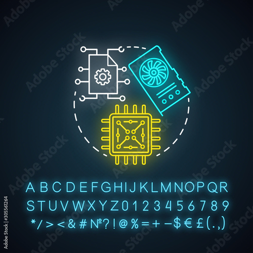 Digital electronics in robotics neon light concept icon. Computer chip and microscheme idea. Processor, hardware element. Glowing sign with alphabet, numbers and symbols. Vector isolated illustration