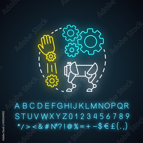 Robotics motion system neon light concept icon. Robot software idea. Information technologies and innovative programming. Glowing sign with alphabet, numbers and symbols. Vector isolated illustration