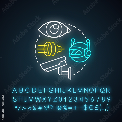 Optics for robots neon light concept icon. Robotic lenses idea. Special futuristic glass for electronics. Glowing sign with alphabet, numbers and symbols. Vector isolated illustration
