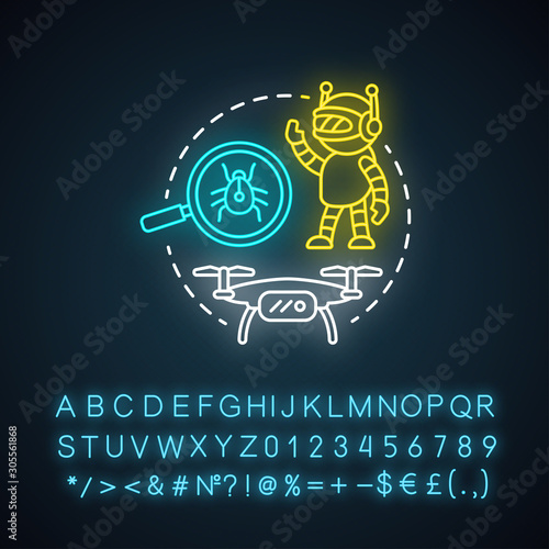 Appearance neon light concept icon. Robots and electronic devices idea. Modern gadgets, creations. Innovative design. Glowing sign with alphabet, numbers and symbols. Vector isolated illustration