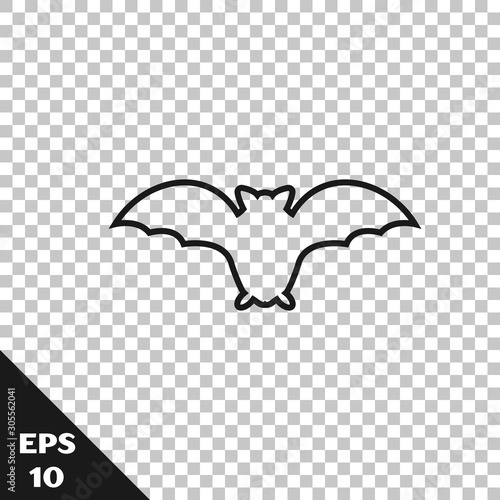 Black line Flying bat icon isolated on transparent background. Vector Illustration