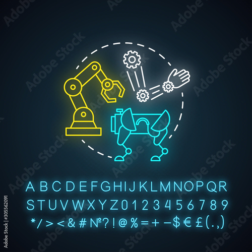 Dynamics and control neon light concept icon. Robotics motion system idea. Information technologies and innovative programming. Glowing sign with alphabet, numbers. Vector isolated illustration