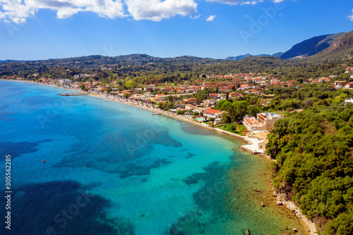 Aerial of Kato Agios Markos beach in Corfu, Greece