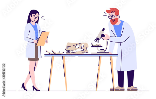 Laboratory analysis of prehistoric remains flat vector illustration. Paleontological researching. Man and woman studying old bones isolated cartoon characters with outline elements on white background