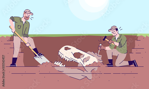 Fossil animal excavations flat vector illustration. Paleontological observations. Archeological expedition working process. Earth evolution study. Two men digging dinosaur skull cartoon characters