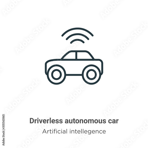 Driverless autonomous car outline vector icon. Thin line black driverless autonomous car icon, flat vector simple element illustration from editable artificial intellegence and future technology