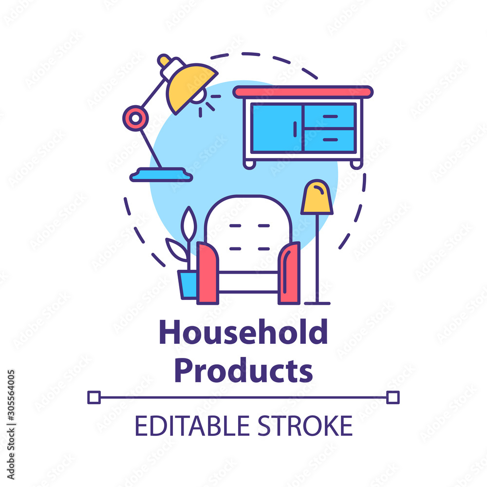 Household products concept icon. Home appliances and furniture. Domestic items. Cozy dwelling. Comfortable living room idea thin line illustration. Vector isolated outline drawing. Editable stroke