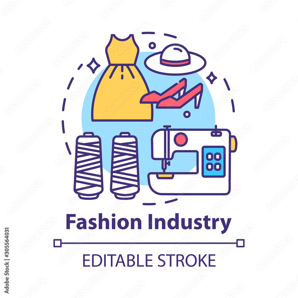 Fashion industry concept icon. Clothing business. Workshop for tailoring clothes and shoes. Sewing idea thin line illustration. Vector isolated outline drawing. Editable stroke