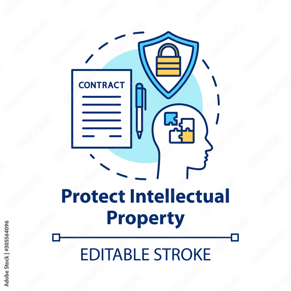 Protect intellectual property concept icon. Copyright legislation. Trade secret safety. Intellectual cooperation agreement idea thin line illustration. Vector isolated outline drawing. Editable stroke - obrazy, fototapety, plakaty 