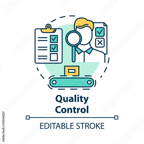 Quality control concept icon. Characteristics monitoring. Check product. Conformity inspection of production processes idea thin line illustration. Vector isolated outline drawing. Editable stroke