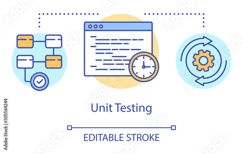 Unit testing concept icon. Examine computer program component idea thin line illustration. Software testing process. Indicating issues and problems. Vector isolated outline drawing. Editable stroke