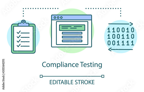Compliance testing concept icon. Computer program standarts idea thin line illustration. Software testing process. Indicating issues and problems. Vector isolated outline drawing. Editable strokee