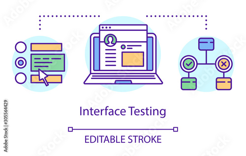 Interface testing concept icon. Examine program design idea thin line illustration. Software testing process. Indicating issues and problems. Vector isolated outline drawing. Editable stroke