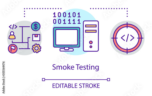 Smoke testing concept icon. Build verification idea thin line illustration. Software testing process. Indicating issues and problems. Vector isolated outline drawing. Editable stroke