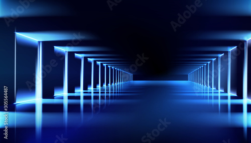 Illuminated hall. Dark room with brightly lit neon lamps. Lighting effects, show. Blue background. Vector illustration.