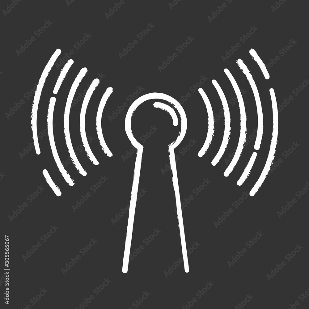 Radio signal chalk icon. Wireless connection idea. Sound waves, audio broadcasting. Hardware, equipment, technology. Coverage area. Modern functional equipment. Isolated vector chalkboard illustration Radio signal chalk icon. Wireless connection idea. Sound waves, audio broadcasting. Hardware, equipment, technology. Coverage area. Modern functional equipment. Isolated vector chalkboard illustration