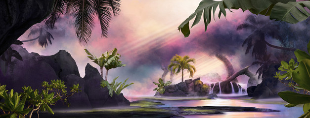 Beautiful dreamy sunset lagoon jungle landscape with palm trees and tropical leaves, can be used as background or wallpaper