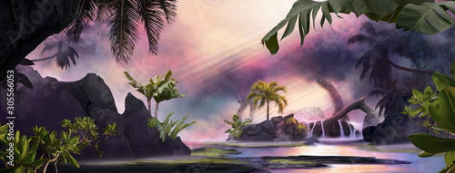 Beautiful dreamy sunset lagoon jungle landscape with palm trees and tropical leaves, can be used as background or wallpaper