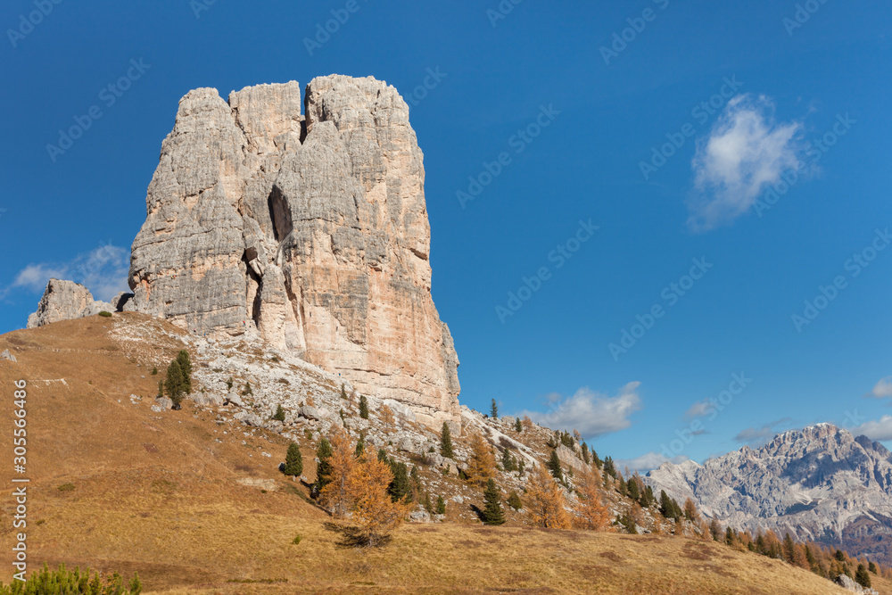 View on the Cinque Torri mount in the Dolomites area at fall