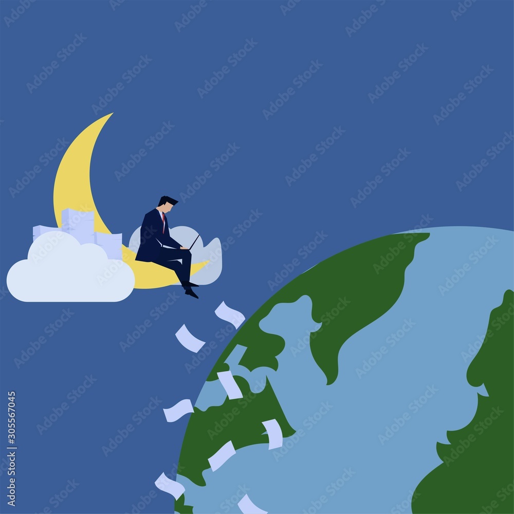 Fototapeta premium Business flat vector concept man sit and work upon moon and earth metaphor of late night shift.