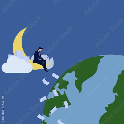 Business flat vector concept man sit and work upon moon and earth metaphor of late night shift.
