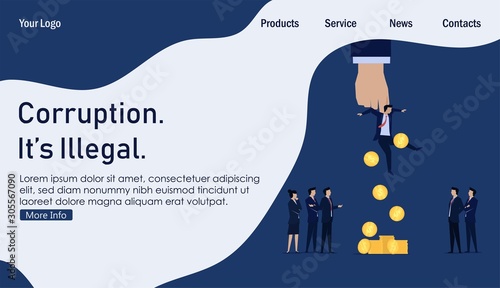 Business Landing Page Template. Business team interrogate corrupt businessman money fall from him.