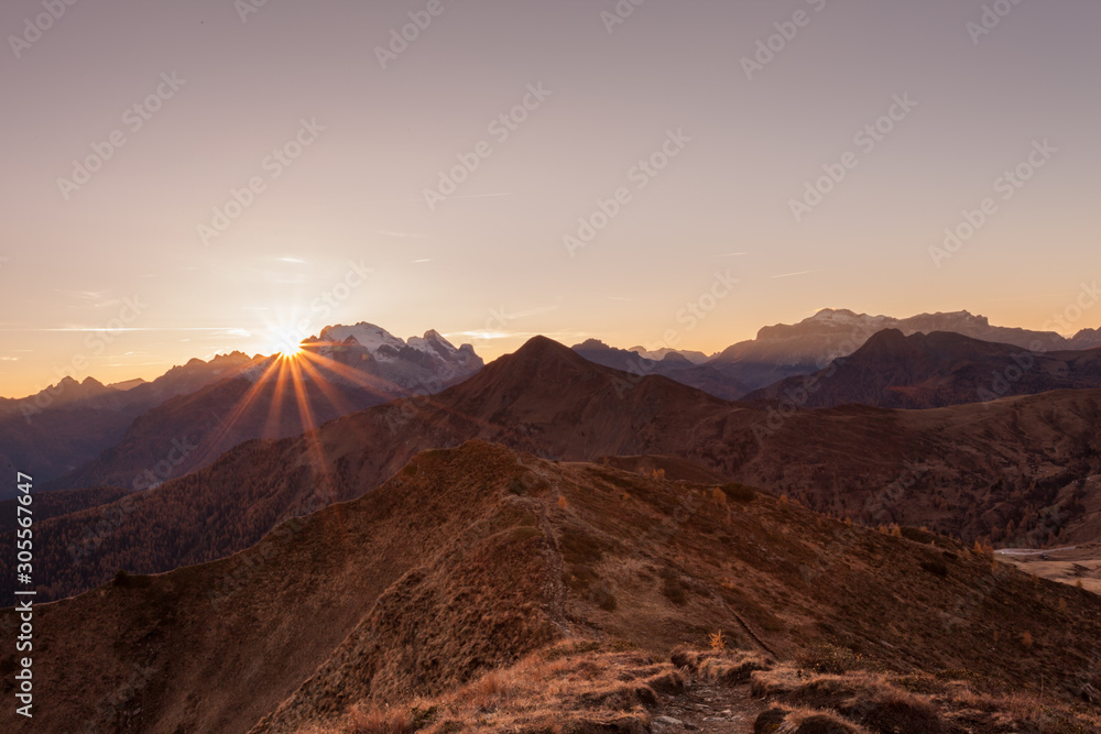 Sunset over the Passo Giau area in the Italian Dolomites