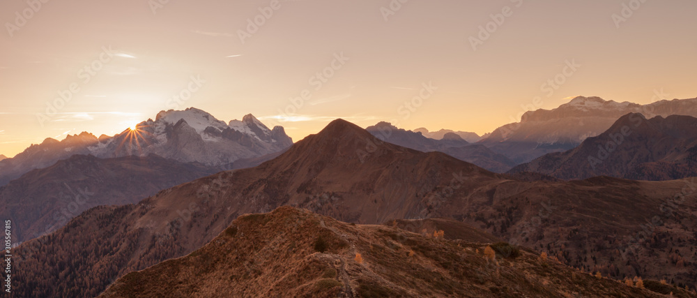 Sunset over the Passo Giau area in the Italian Dolomites