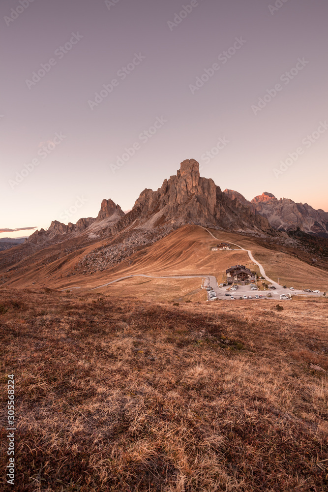 Sunset over the Passo Giau area in the Italian Dolomites