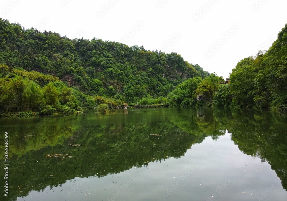 a beatiful lake with green trees and reflection in the water