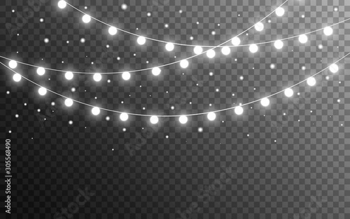 Christmas lights and snow flakes on transparent backdrop. Realistic luminous elements. Glowing silver garlands. Bright light bulbs for website, card or poster. Vector illustration