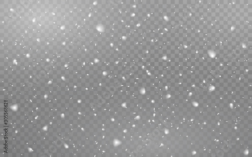 Snowfall realistic on transparent background. Christmas falling snowflakes. Winter texture with defocused snow. Realistic snowstorm. Blizzard texture. Vector illustration