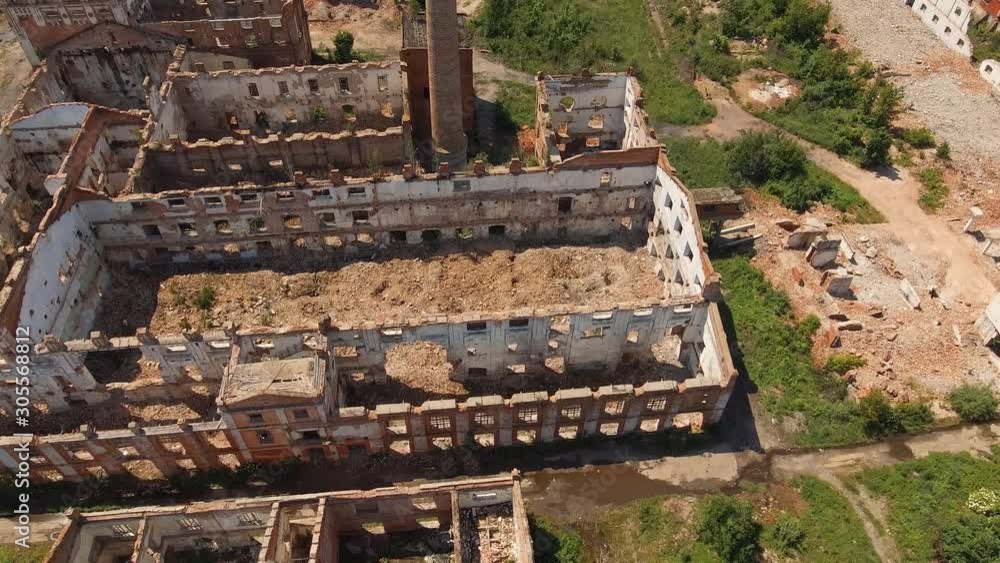 Industry and business production. Ruins of abandoned destroyed factory facility. Regression decline of plant manufactory. Aircraft drone aerial survey Industry and business production. Ruins of abandoned destroyed factory facility. Regression decline of plant manufactory. Aircraft drone aerial survey