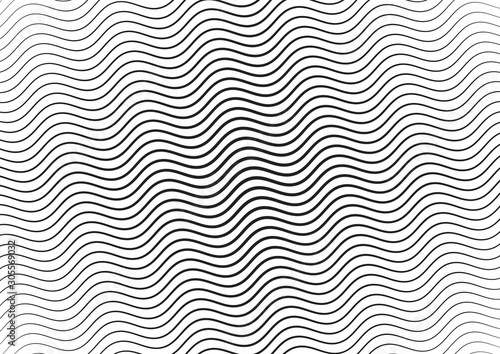 Abstract halftone wave line background. Monochrome pattern with varying line thickness. Vector modern pop art texture for poster, sites, business cards, cover, postcard, design, labels, stickers.