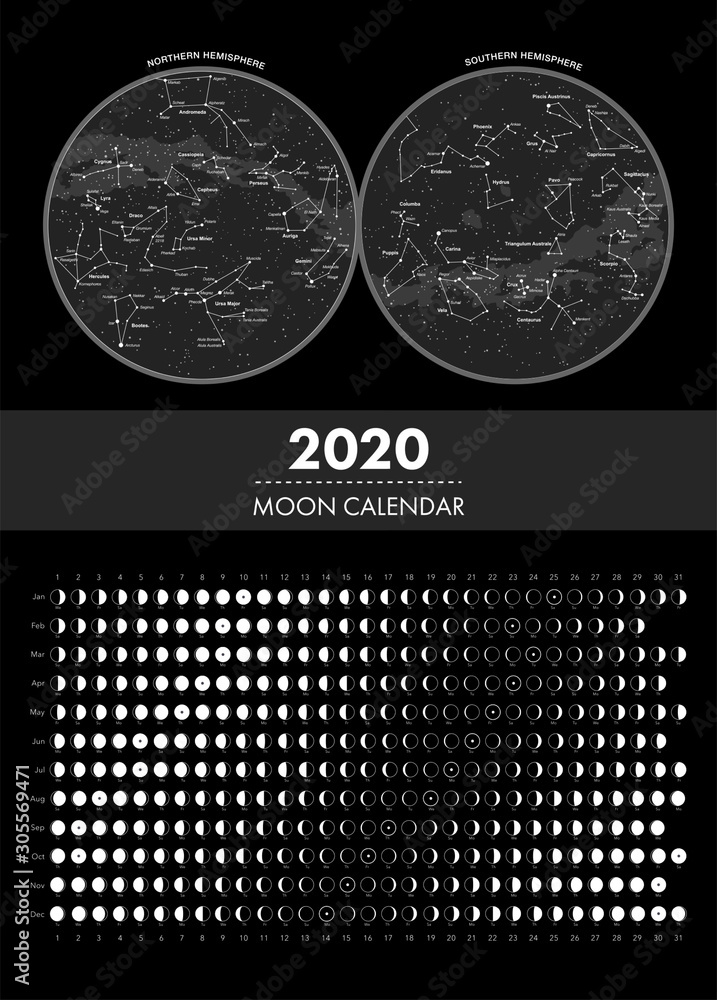 2020 moon phases calendar and hemisphere star map vector Stock Vector