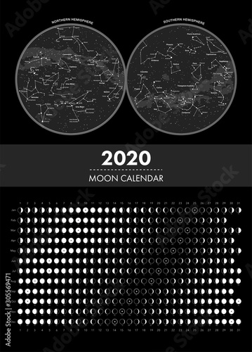 2020 moon phases calendar and hemisphere star map vector