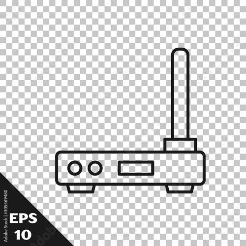 Black line Router and wi-fi signal symbol icon isolated on transparent background. Wireless ethernet modem router. Computer technology internet. Vector Illustration