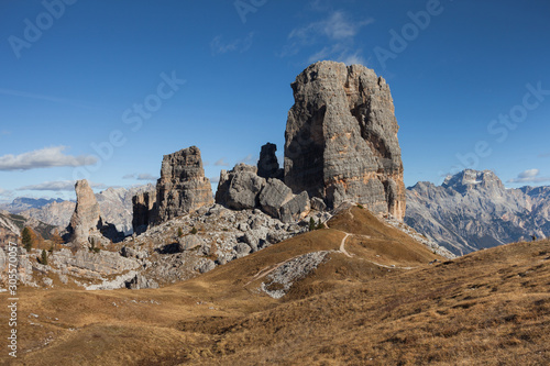 View on the Cinque Torri mount in the Dolomites area at fall