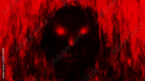Scary demon face in the hood from nightmares. Looped animation in genre of horror. Black and red color. photo