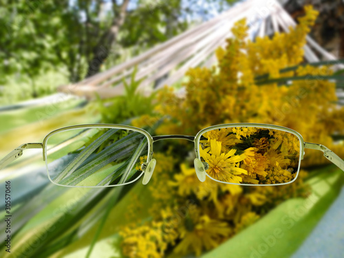 Glasses with thin frame on background of bouquet of wildflowers in hammock. Clear image in glasses and blurred around. Low vision concept.